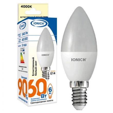 Лампа светодиодная LED 6w 4000К, E14, 540Лм, матовая свеча IONICH