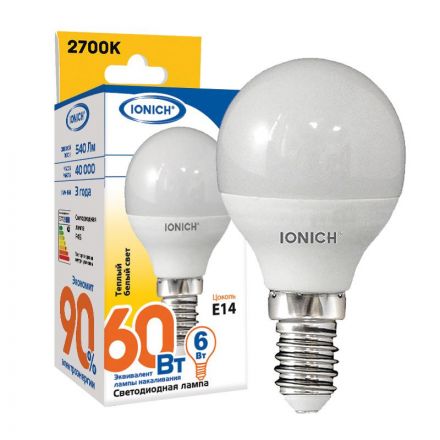 Лампа светодиодная LED 6w 2700К, E14, 540Лм, матовая, шар IONICH