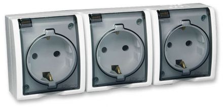 Simon15 Aqua Розетка тройная 2Р+Е Schuko с крышками полупр. IP54 16А 250В винтовой зажим S15A сл. кость