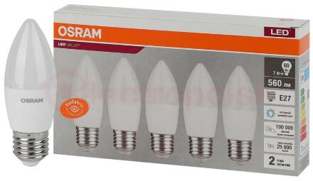 Лампа светодиодная LED 7 Вт E27 6500К 560Лм свеча 220 В (замена 60Вт) OSRAM