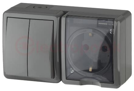 Блок розетка+выключатель двойной IP54, 16A(10AX)-250В, ОУ, Эра Эксперт, серый, 11-7402-03