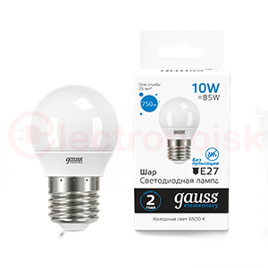 Лампа светодиодная LED 10 Вт 750 Лм холодная 6500К Е27 шар Elementary Gauss