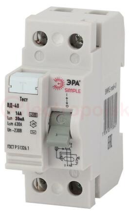 SIMPLE-mod-41 ЭРА SIMPLE Устройство защитного отключения УЗО ВД-40 2P 16А/30мА (электронное)