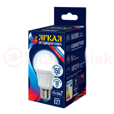 LED-A60 18W/4000K/E27/FR PLP01WH Лампа светодиодная. Форма «А», матовая. Серия Яркая. Белый свет (4000K). Картон. ТМ Uniel.