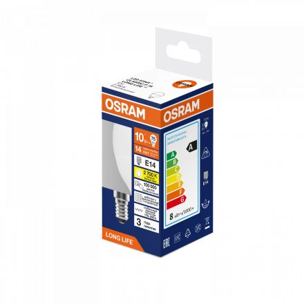 Лампа светодиодная 10Вт 806Лм 2700К Е14 шар 170-250В OSRAM LONG LIFE