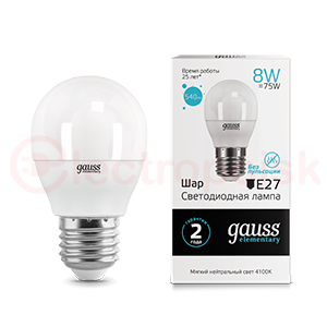 Лампа светодиодная LED 8 Вт 540 Лм 4100К белая Е27 Шар Elementary Gauss