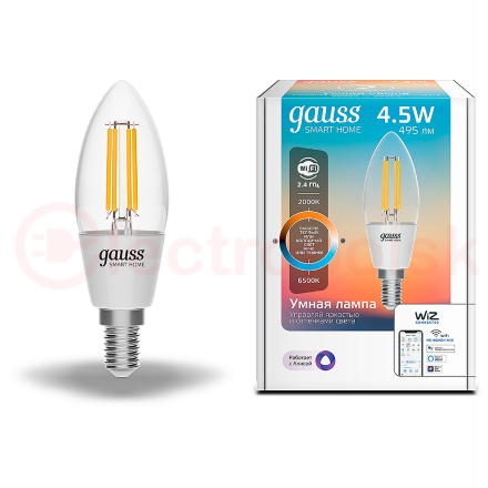 Лампа светодиодная умная LED 4.5 Вт 495 Лм 2000-6500К E14 свеча изм.цвет.темп.+дим. управление по Wi-Fi Smart Home Filament Gauss