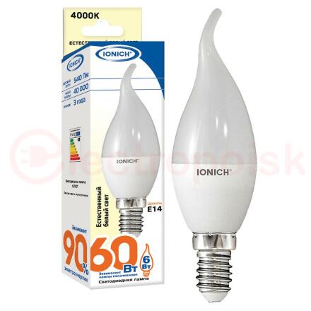 Лампа светодиодная LED 6w 4000К, E14, 540Лм, матовая свеча на ветру IONICH