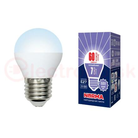 Лампа светодиодная LED-G45-7W/DW/E27/FR/NR Форма шар, матовая. Серия Norma. Дневной белый свет (6500K). Картон. ТМ Volpe