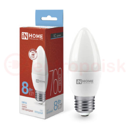 Лампа светодиодная LED-СВЕЧА-VC 8Вт 230В Е27 6500К 760Лм IN HOME