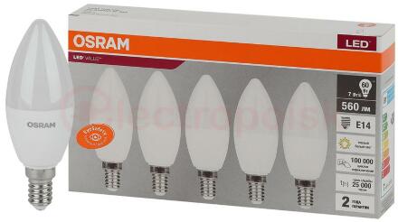Лампа светодиодная LED 7 Вт E14 3000К 560Лм свеча 220 В (замена 60Вт) OSRAM