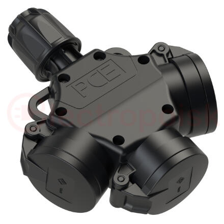Тройник из твердой резины 16A/250V/2P+E/IP44 с    подпружиненными крышками и индикацией