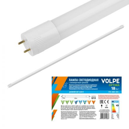 LED-T8-18W/DW/G13/FR/FIX/O Лампа светодиодная Volpe с матовым рассеивателем. Цоколь G13 неповоротный. Серия Optima. Цвет свечения дневной. Упаковка рукав.