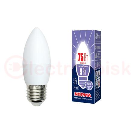 Лампа светодиодная LED-C37-9W/DW/E27/FR/NR Форма свеча, матовая. Серия Norma. Дневной белый свет (6500K). Картон. ТМ Volpe
